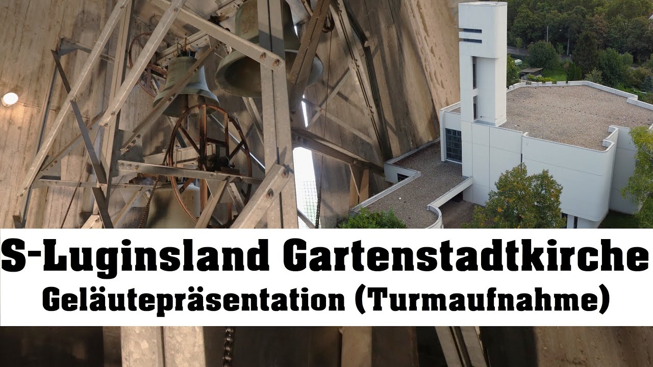STUTTGART (D)-Luginsland, ev. Gartenstadtkirche, Geläutepräsentation (Turmaufnahme)