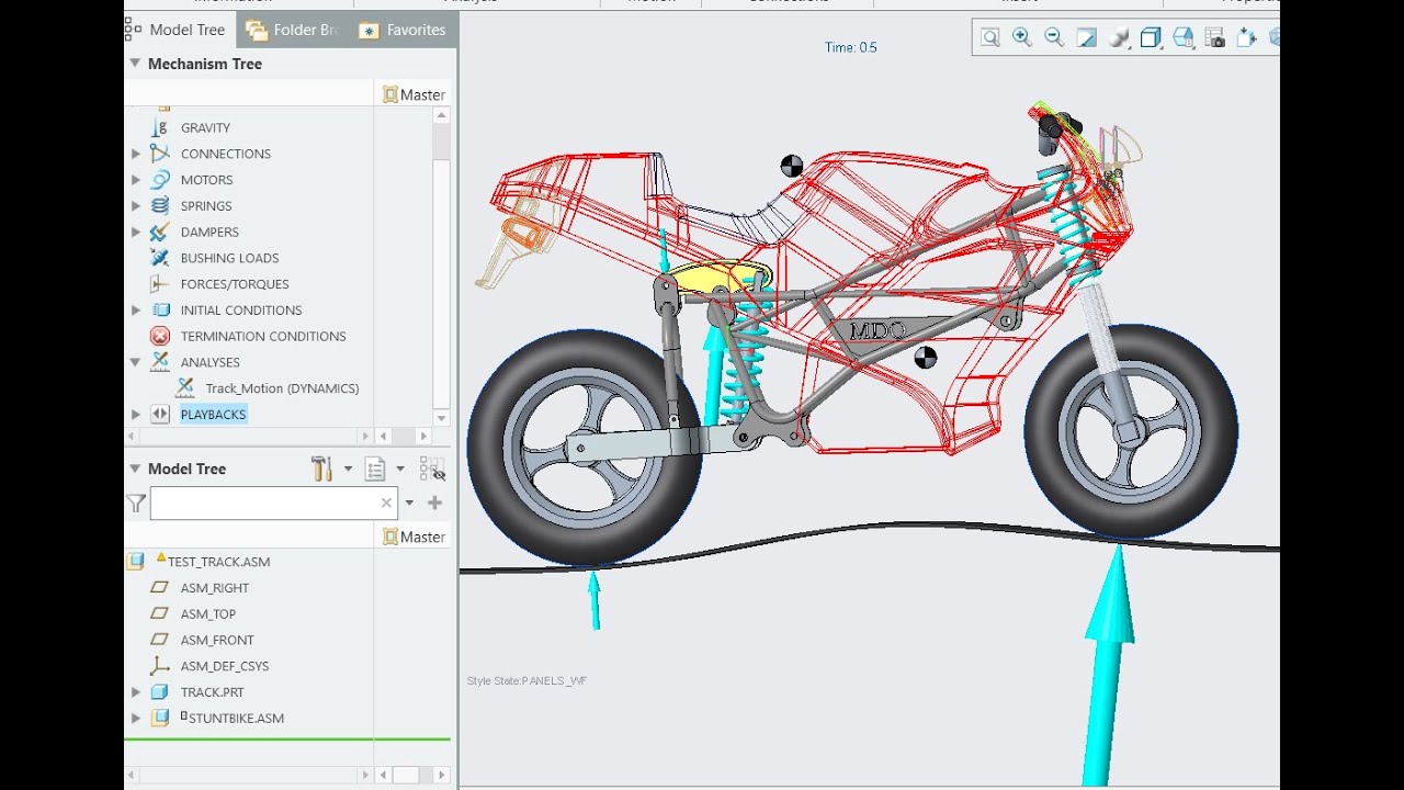 Динамический анализ механизма мотоцикла | Реакционные силы | PTC Creo
