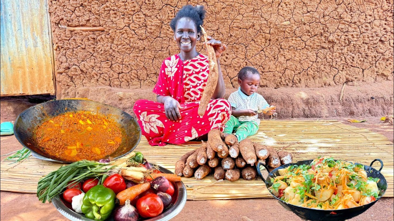 African Village Mom Cooks Cassava & Beans Stew 🍲 | Outdoor Kitchen Transformation.