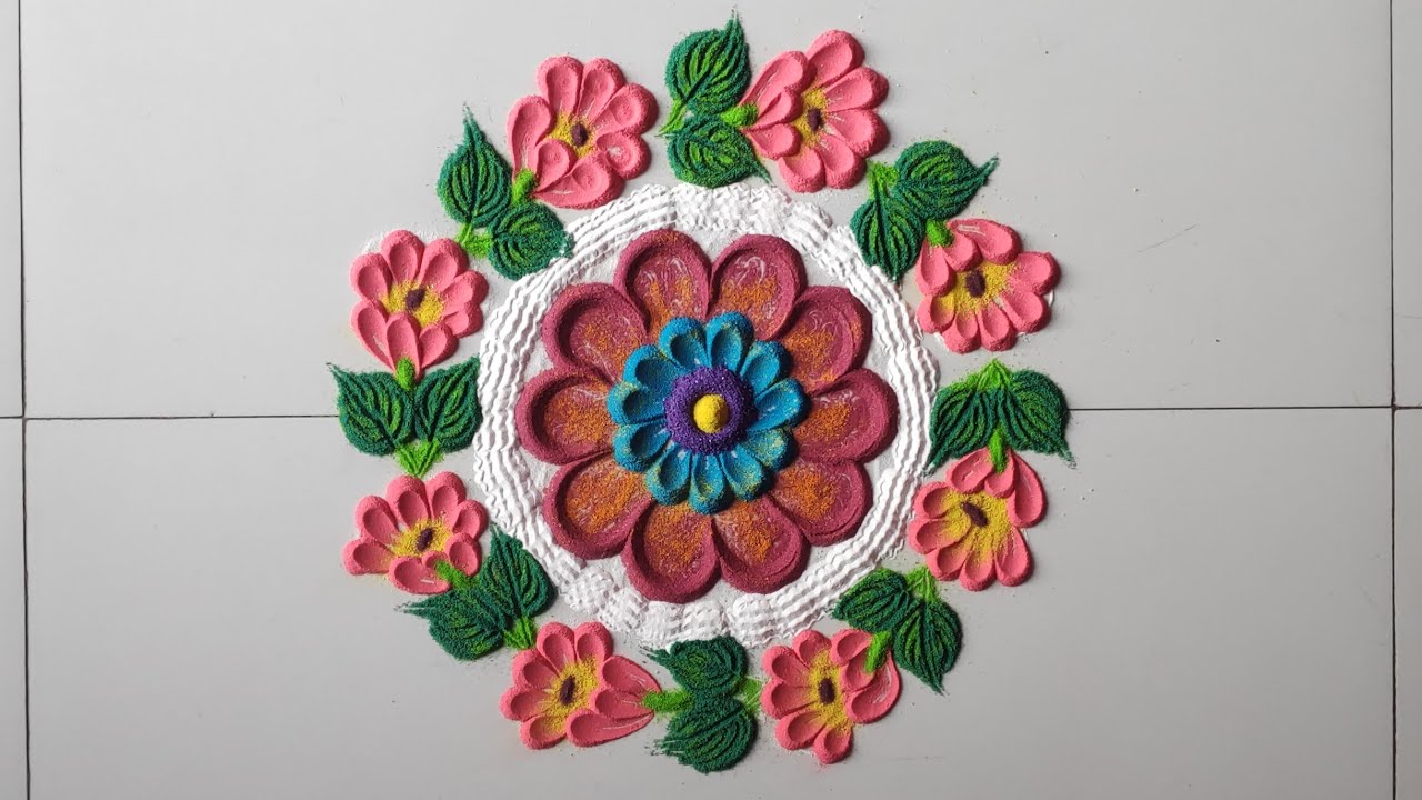 Simple flower colourful rangoli ★ circle shape flower rangoli art