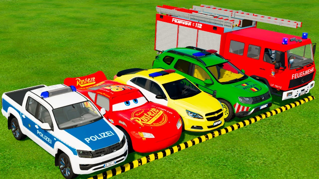 DACIA, MCQUEEN CAR, FORD POLICE CARS, AMBULANCE EMERGENCY TRANSPORTING WITH TRUCKS ! FS22 #3
