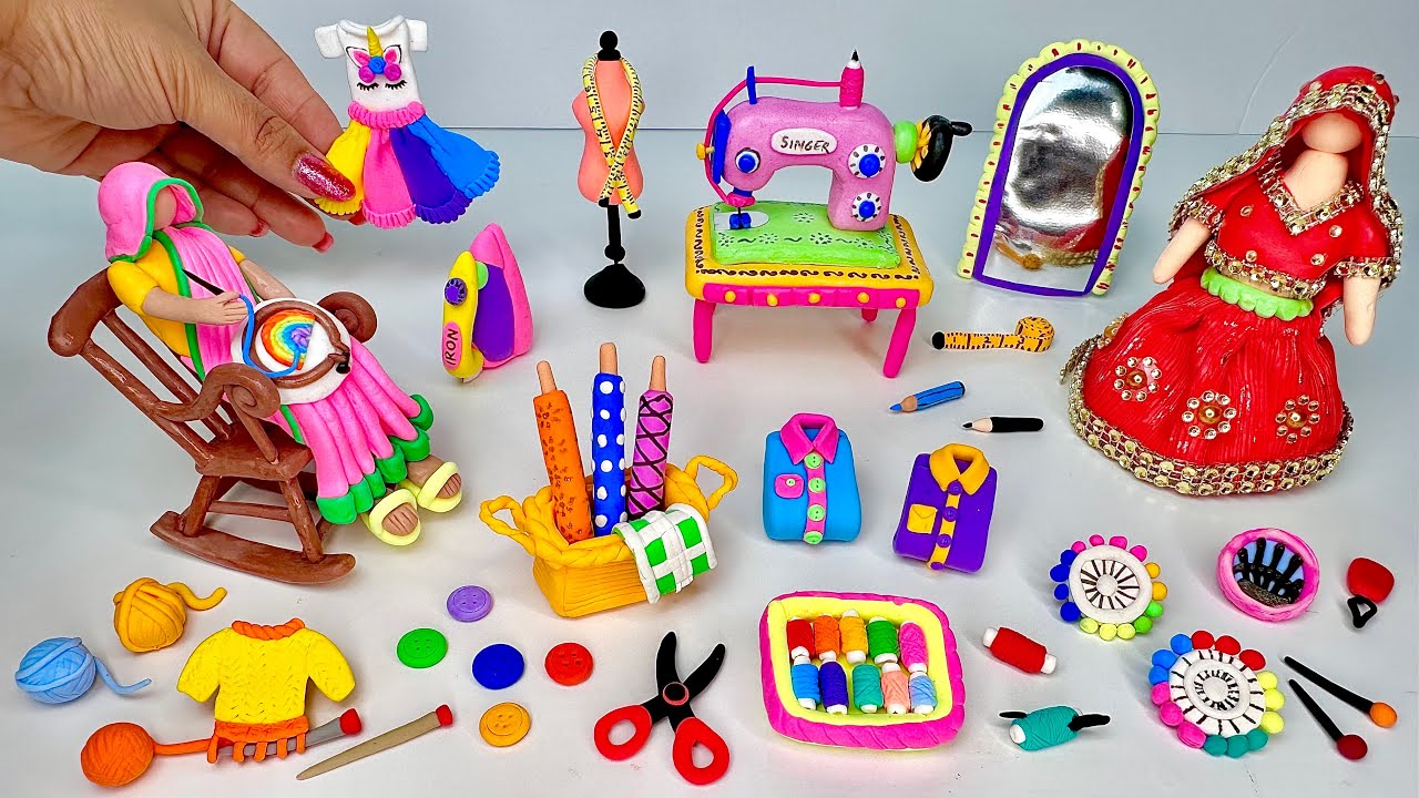 DIY How to Make Polymer Clay Miniature Sewing Machine Set, Doll | Sewing Tools and Accessories | diy