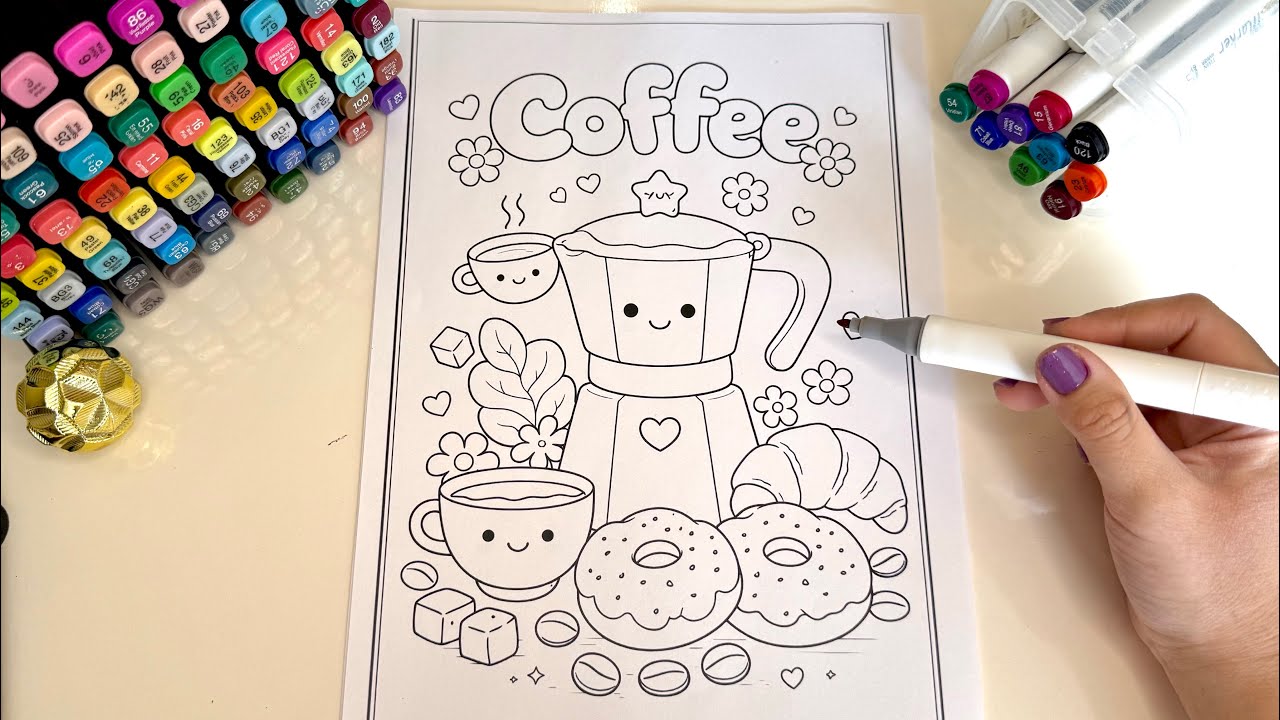 Cozy Coffee Time Coloring 🧁🍰🍓Moka Pot & Sweet Desserts 🎀🍩🫖Satisfying Relaxing Marker Art
