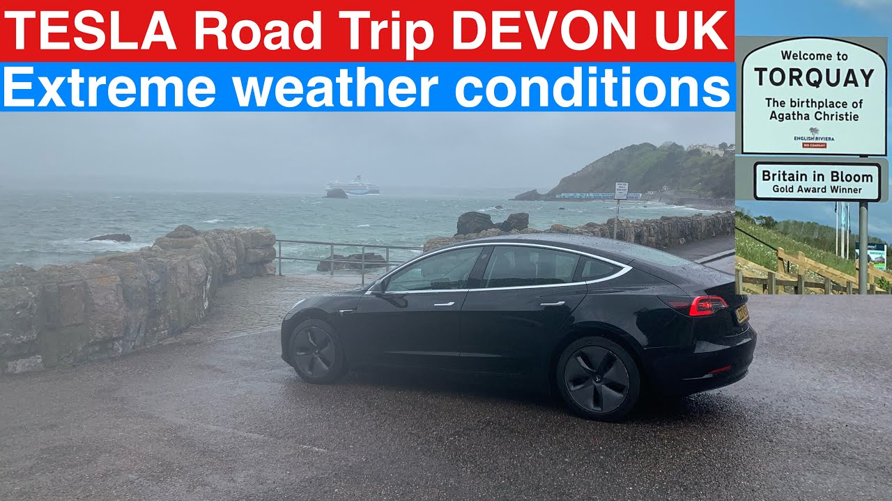 TESLA MODEL 3 Long Range Road Trip to Torquay Devon UK in extreme weather conditions via Stonehenge