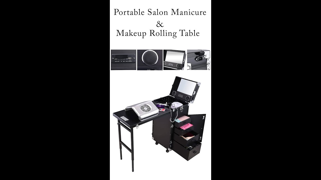 Portable Foldable Rolling Makeup and Manicure Table Trolly – All in one Salon workstation with 4 Dra