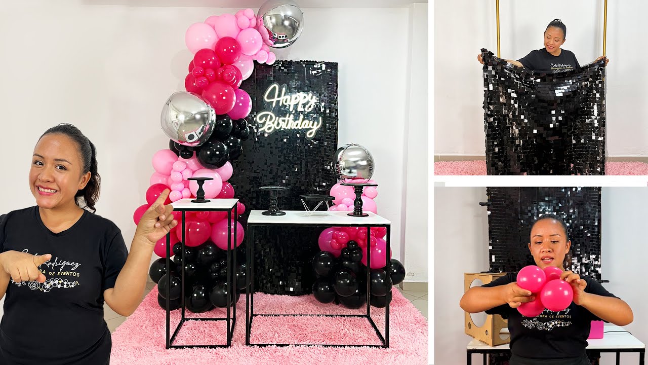 Como hacer un Arco de Globos e instalarlo sobre Tela Shimer 🎉Decoración Black Pink💕