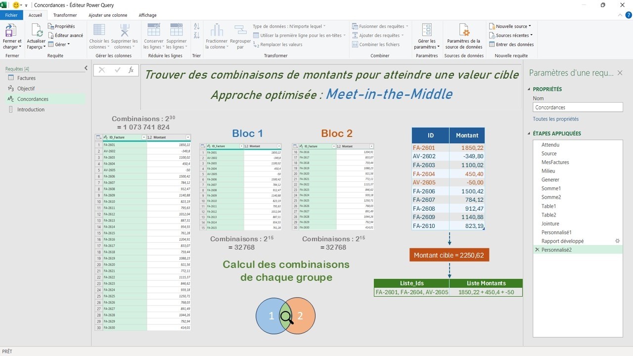 Excel/PowerQuery - Trouver les combinaisons correspondant à une valeur cible, approche optimisée ...
