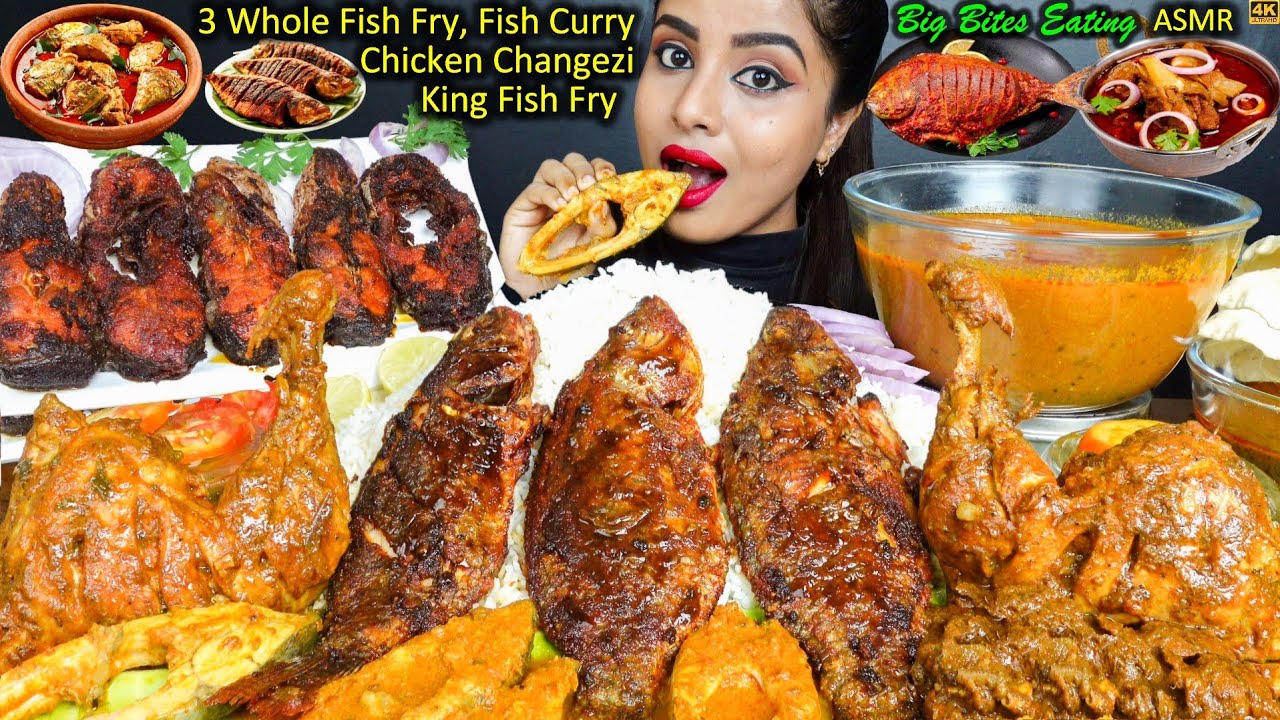 ASMR Eating Spicy 2kg Fish Fry,Chicken Leg Piece,Fish Curry,Rice,Papad Big Bites ASMR Eating Mukbang