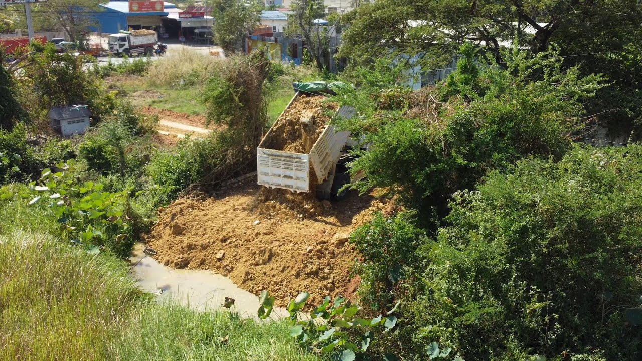 New Project Update! 90% Ring Road around the pond By Komatsu D31P Dozer Pushing Soil & Dump Trucks