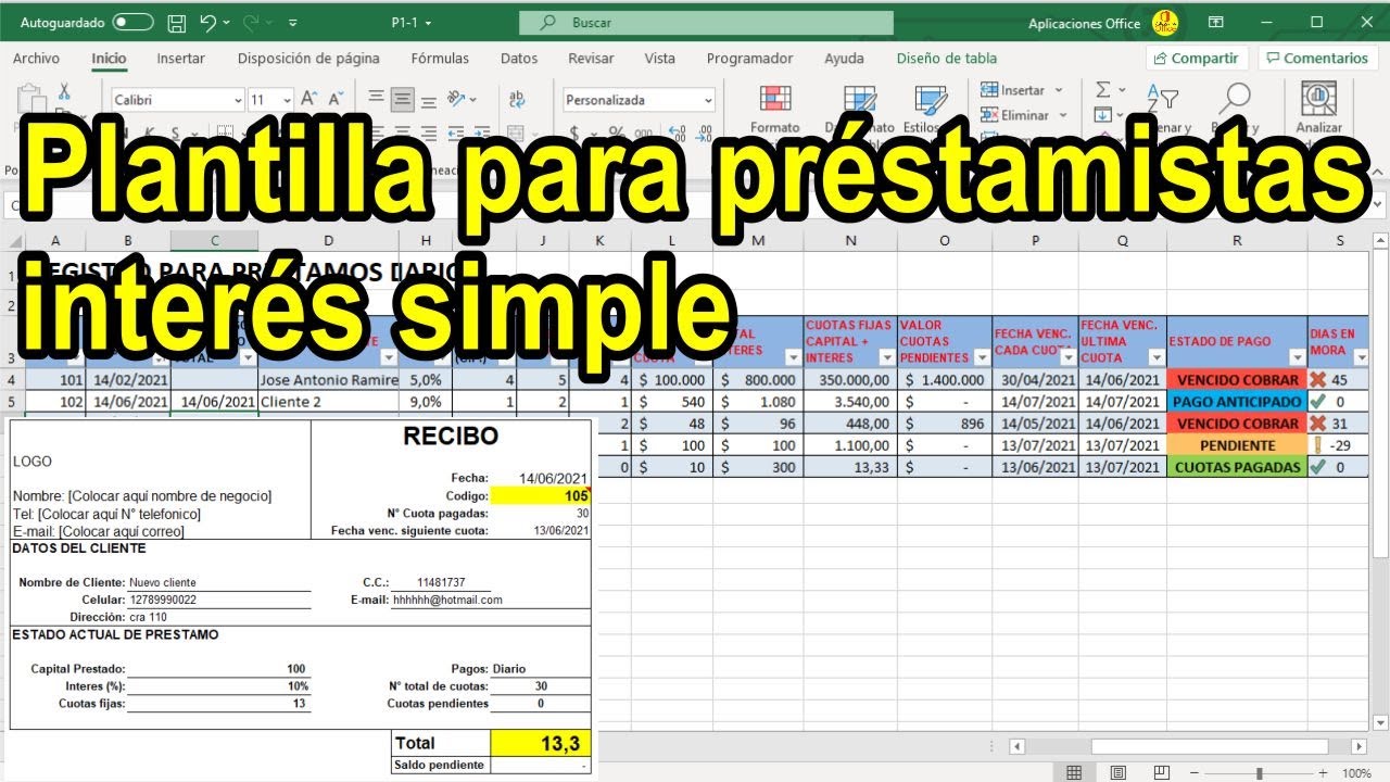 Plantilla excel prestamista interés simple o paga diario, con recibo (P1.1)