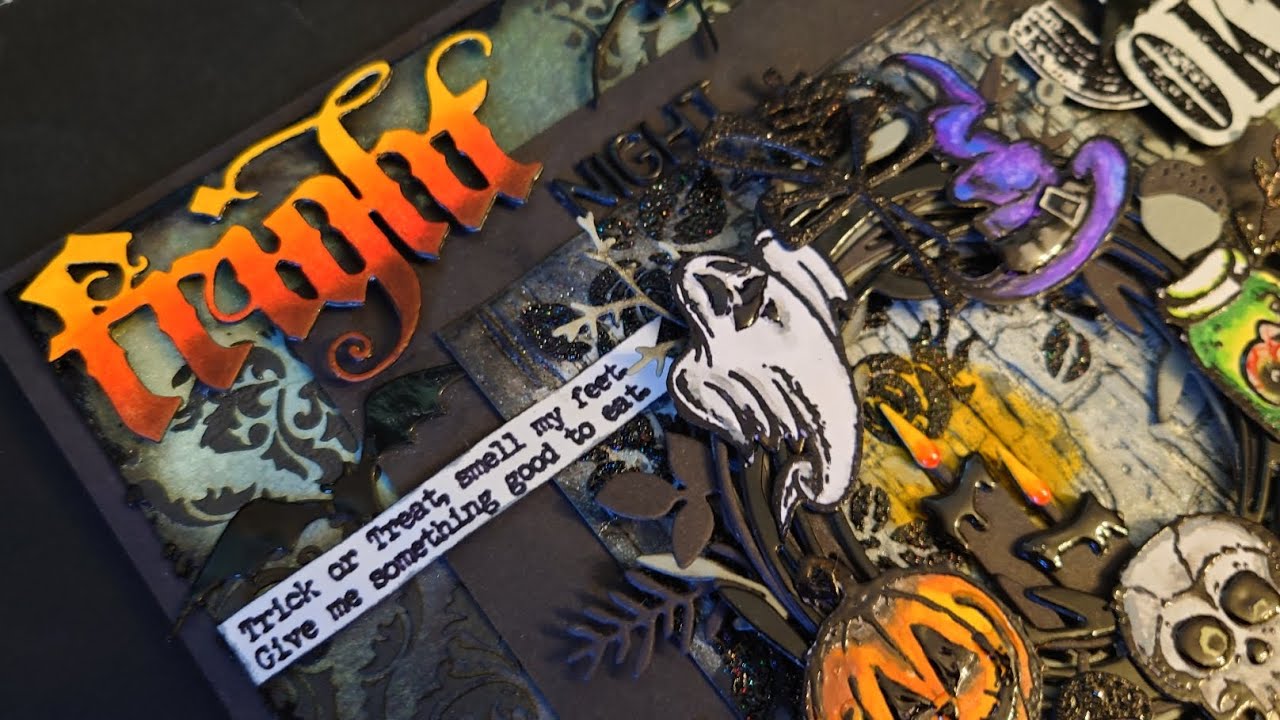 Create a #mixed #halloweencard with dies/stamps from #timholtz #sizzix #stampersanonymous #distress