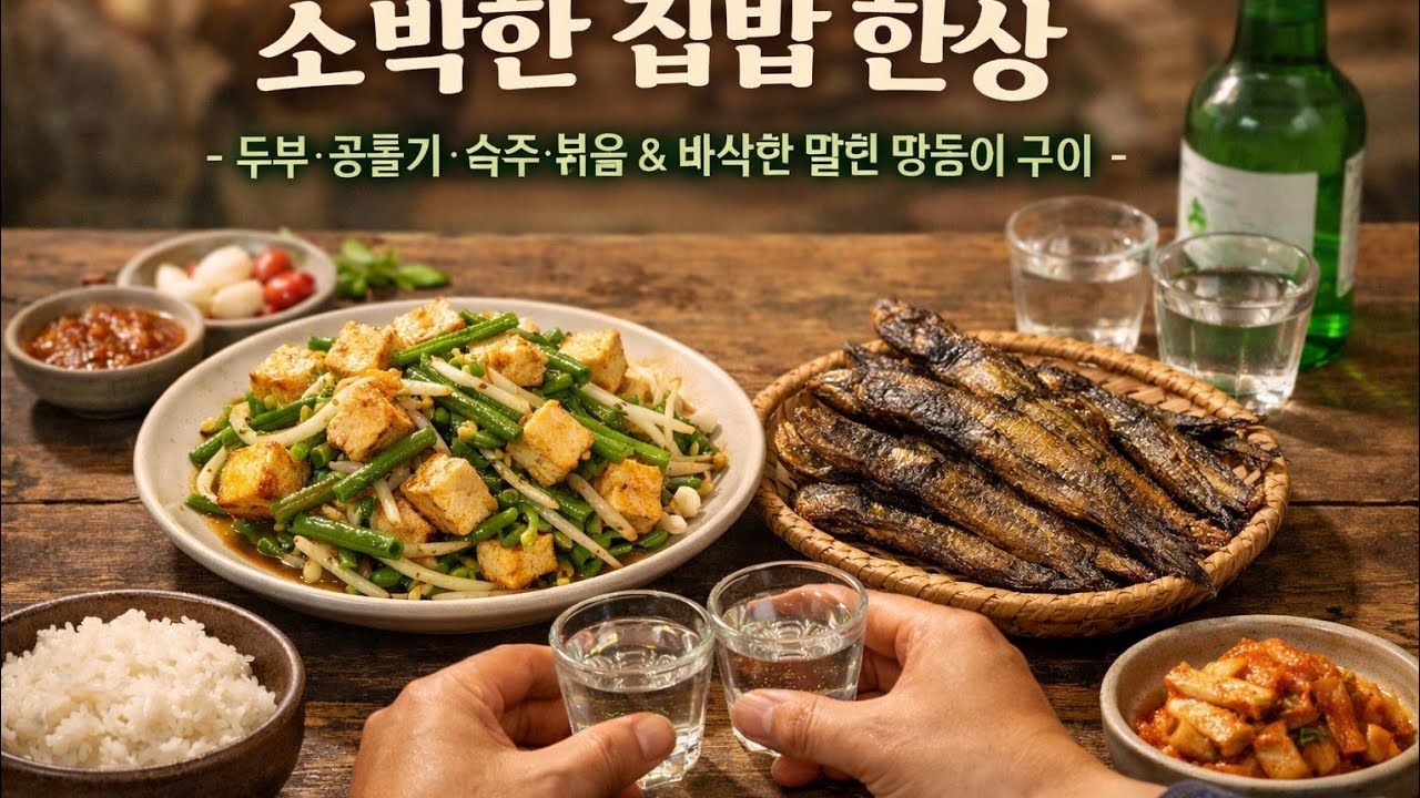소박한 집밥 한상 🌿 두부·콩줄기·숙주 볶음과 바삭한 말린 망둥어 구이 | 형제들과 함께하는 저녁 한잔