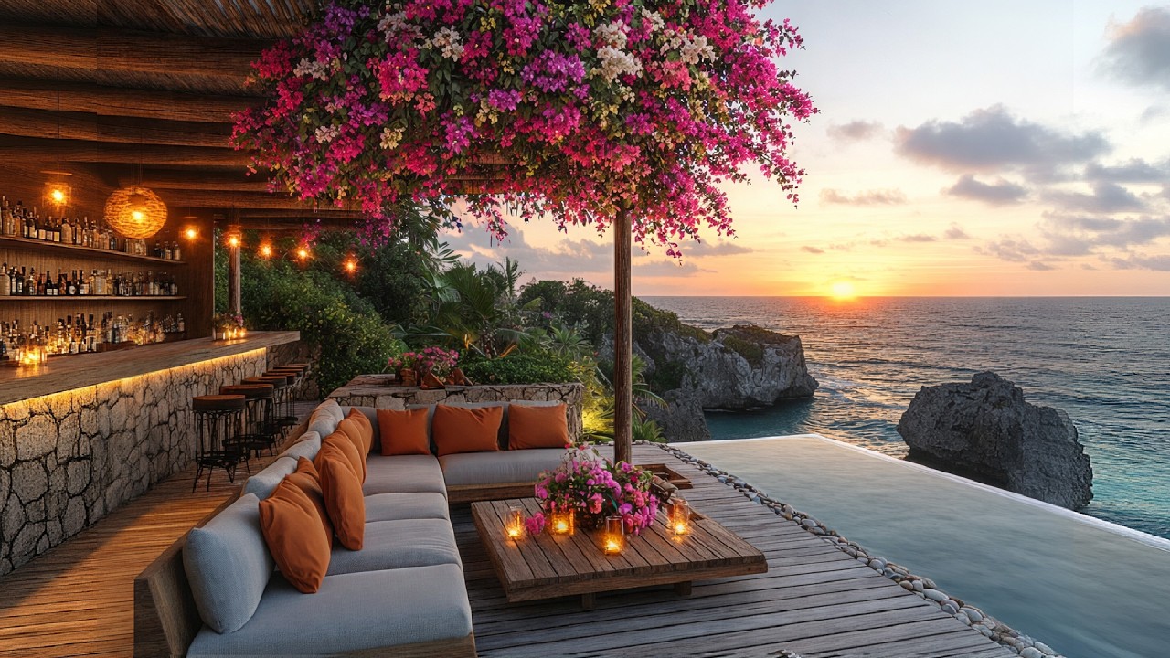 🌊 Coastal Jazz Bar Ambience | Gentle Ocean Sounds & Smooth Jazz Lounge