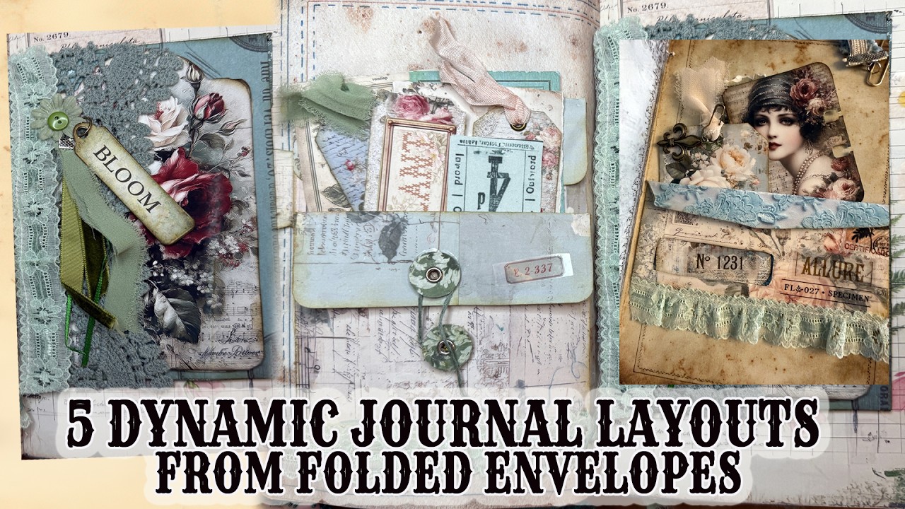 Five dynamic journal page layouts that begin with 5 fun folded envelopes.  #junkjournaldigitals