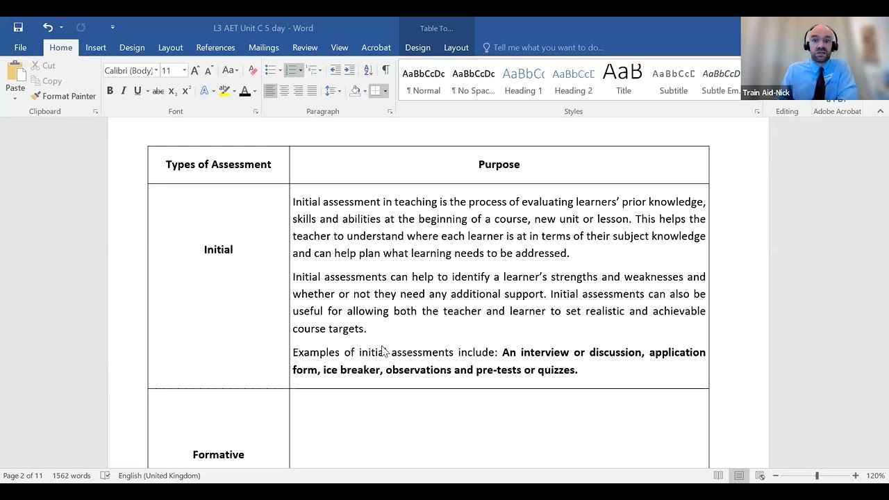 Unit C 1.1 Explain the purposes of types of assessment used in education and training