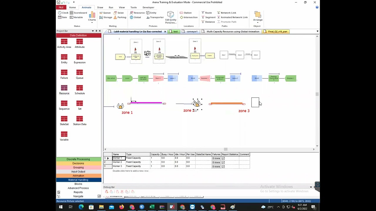 Arena animation demo-transporter, conveyor, resource,entity