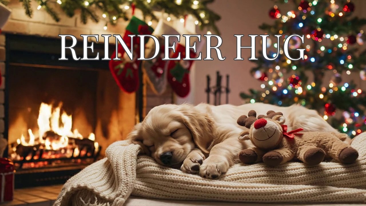 🔴 Reindeer Cuddle: Cozy Fireplace Ambience & Puppy Sleep Music for Stress Relief 🦌🔥