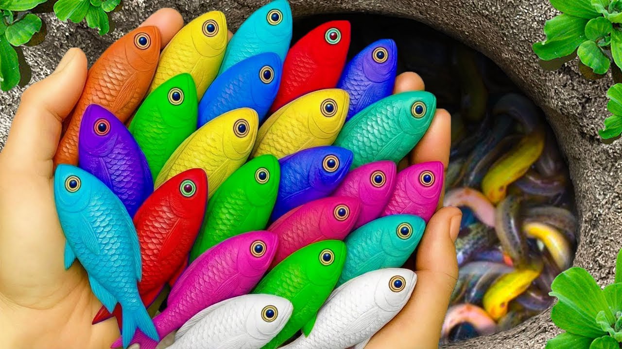 Catch beautiful aquarium fish in small pond baby turtles, eel, nemo  fish, guppies, goby, rat fish.