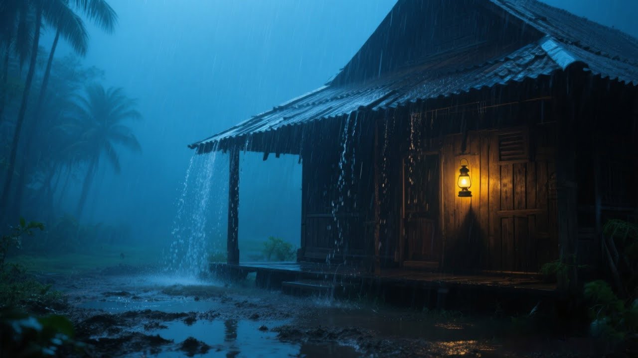 Powerful night thunderstorm - Heavy Rain and Thunder - Rain Sounds for sleep - 10 hour Windy Rain