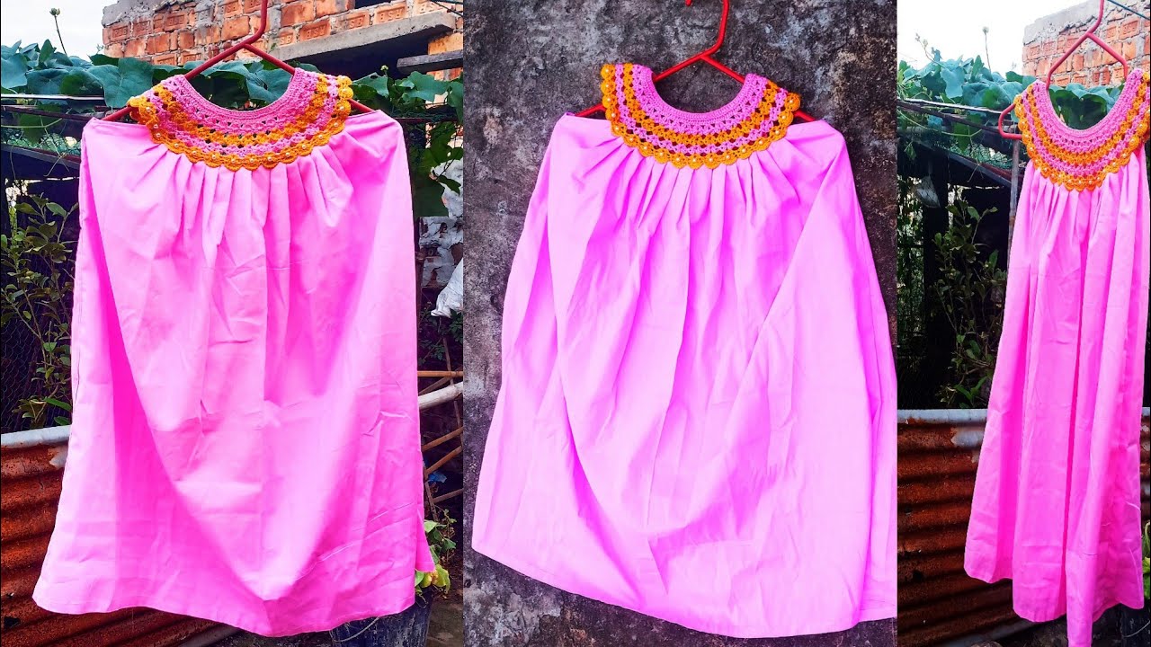 Dress with fabric skirt for crochet,কুশিকাটার গলার সাথে কাপড় লাগানোর নিয়ম
