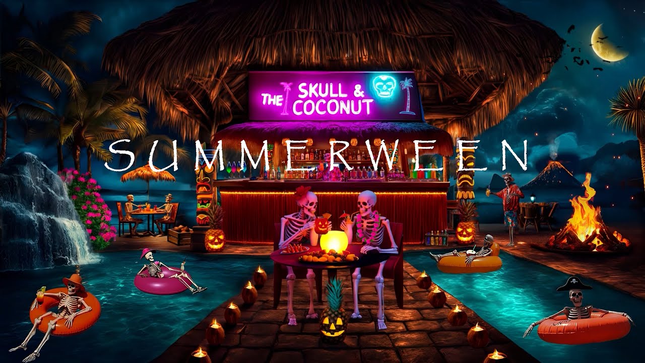 🌴SUMMERWEEN-☠️THE SKULL AND COCONUT TIKI BAR🥥 HALLOWEEN SKELETON RESORT🍍PINEAPPLE JACK O LANTERNS🎃
