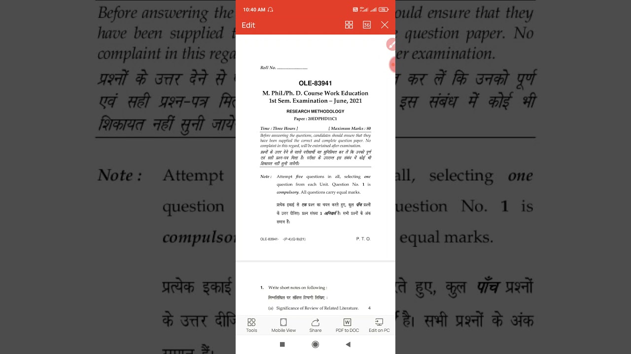 M.Phil.(Education) & Ph.D. Coursework Question paper of Research Methodology