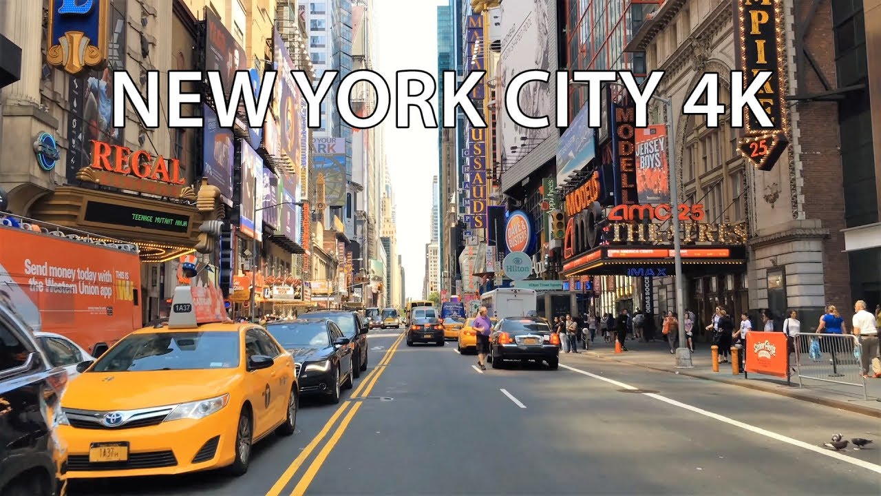 Driving Downtown - NYC Theaters 4K - USA