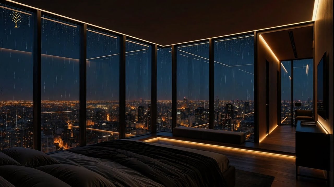 Luxury Night Ambience ✨ Rain on Window & Smooth Jazz | Relaxing City View