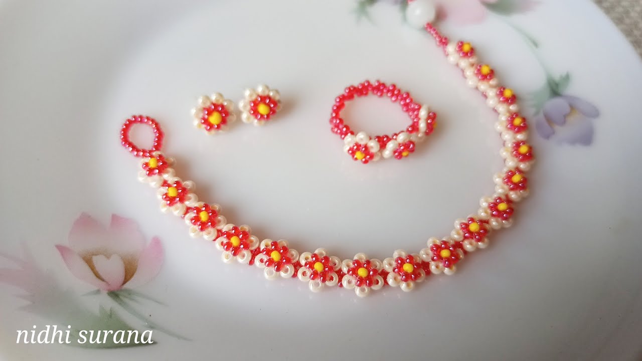 ⚜️ Cherry Blossom, Beaded Bracelet, Ring & Earrings Tutorial Diy (0466)