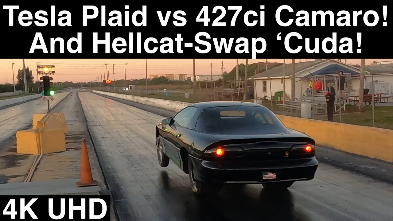 Tesla Plaid vs 427 Cubic Inch 4th-Gen Big-Tire Camaro and Hellcat ‘Cuda! 3 Drag Races in 4K UHD!