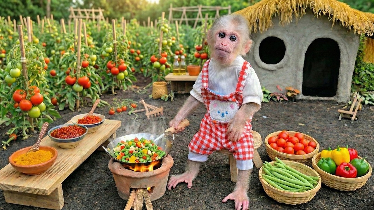 Baby monkey Xuka harvests tomato on the farm and cooks Rice mixed with vegetables