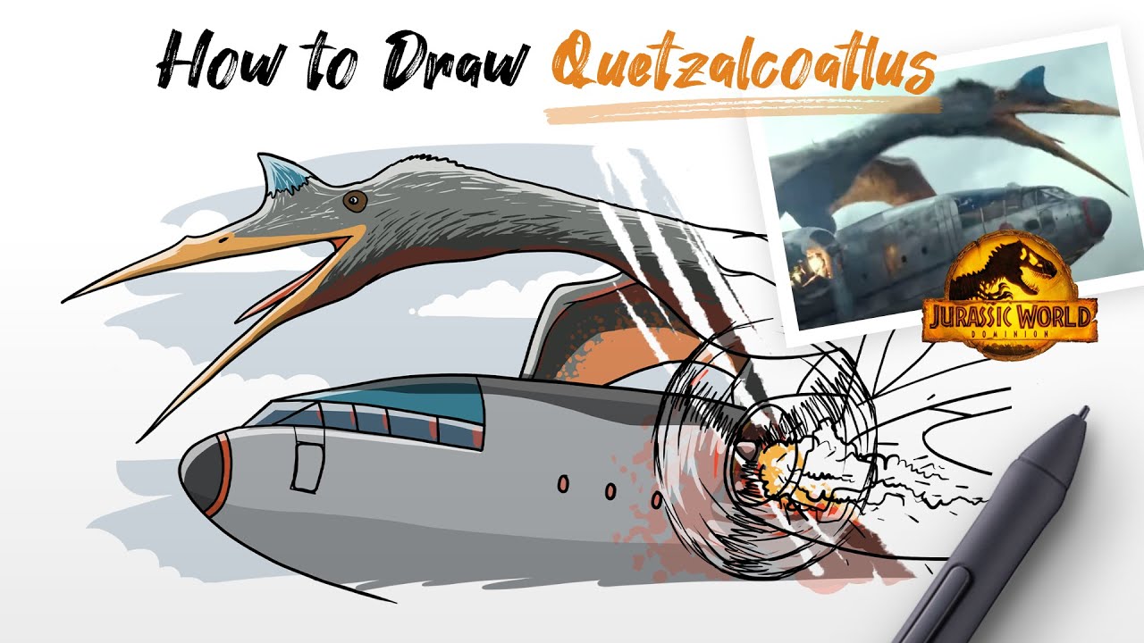 How to Draw Quetzalcoatlus attacks plane dinosaur from Jurassic World Dominion movie Easy Step by