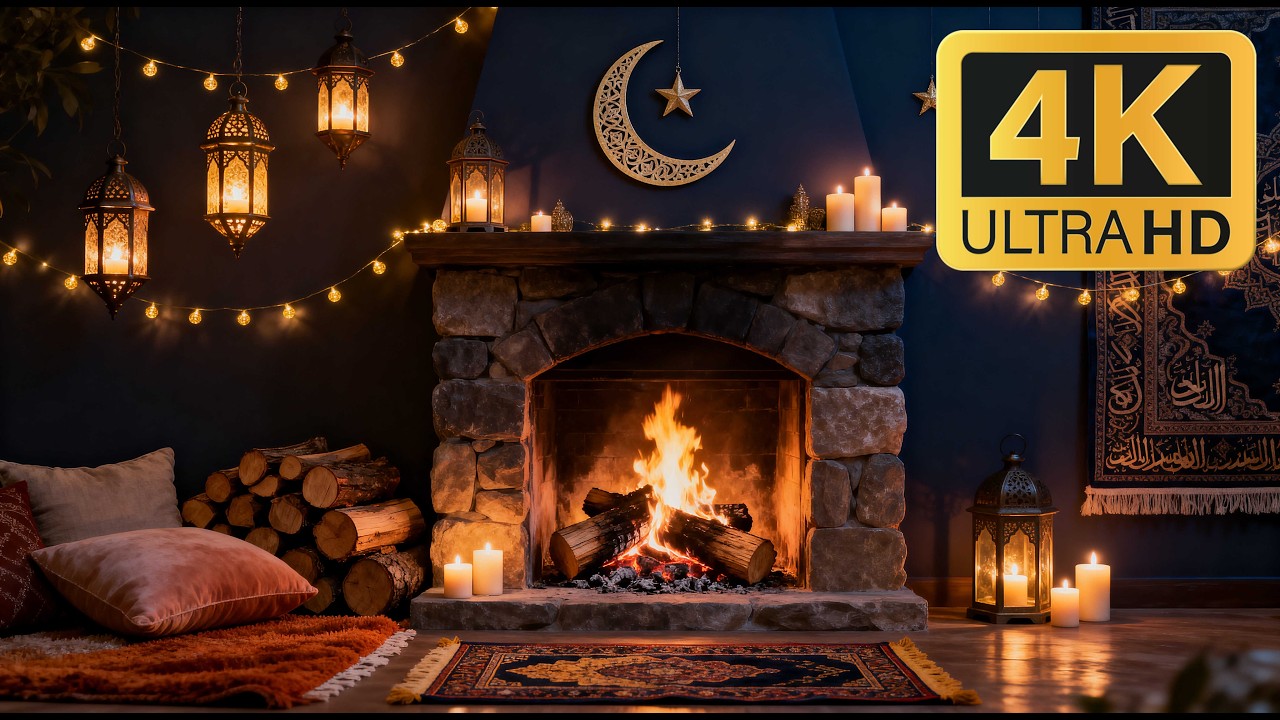 12H Ramadan Night Fireplace 4K 🌙 Lantern Light & Peaceful Crackling Fire (No Music)