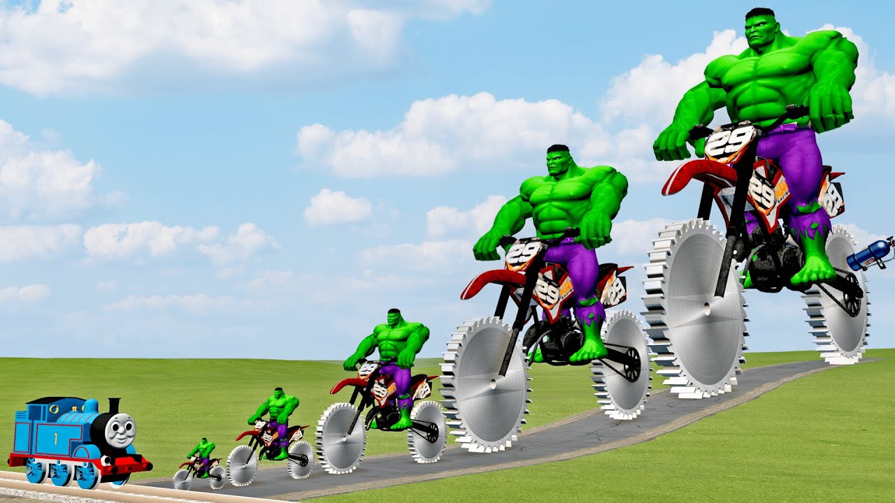 Big & Small Hulk on a motorcycle with Saw wheels vs Choo-Choo Thomas Train – BeamNG.Drive