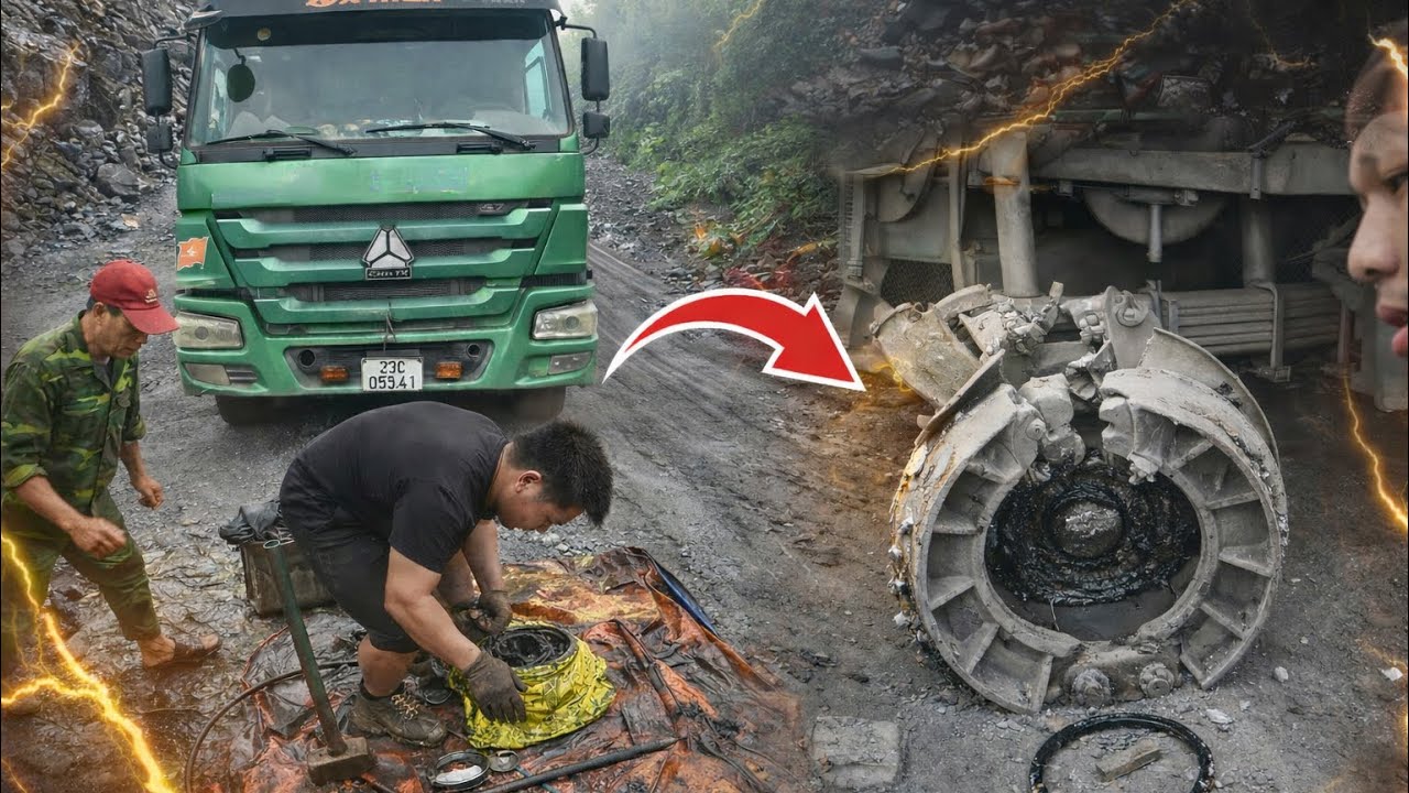 Replacing the front axle of a dump truck at the construction site is Giang's daily job.