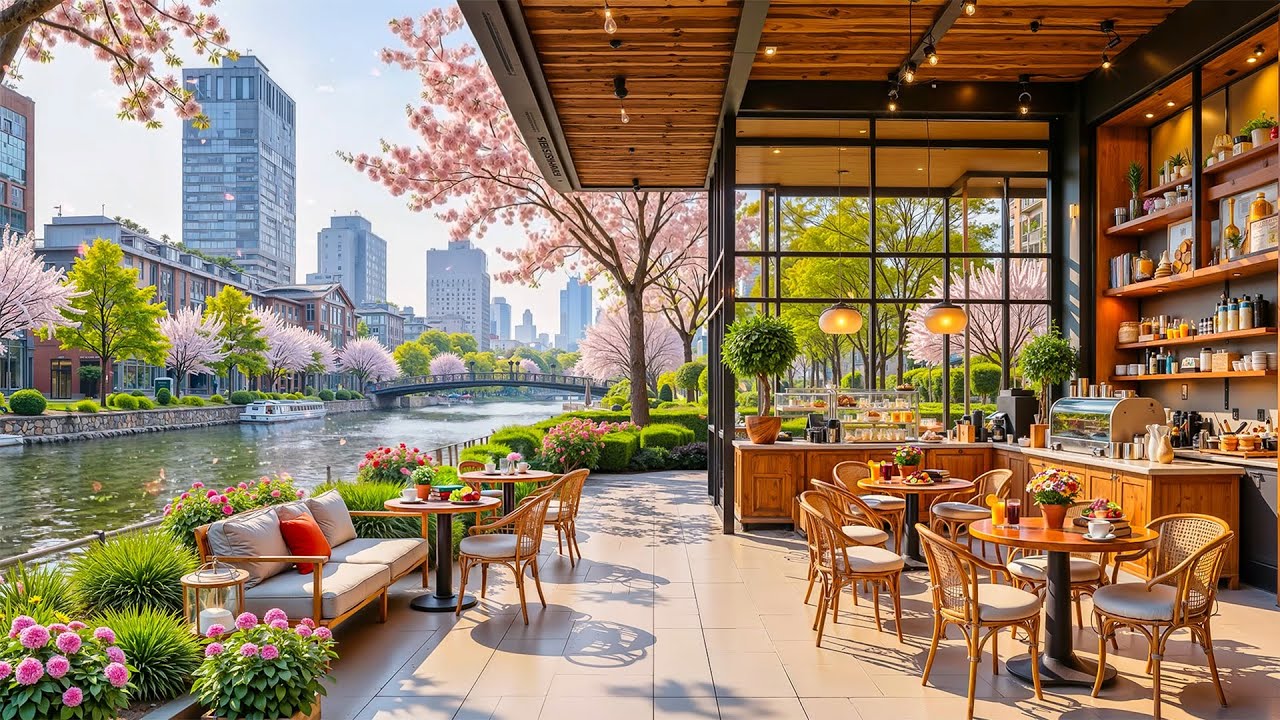 Riverside Coffee Shop in Spring ☕ Smooth Jazz | Peaceful City Morning Ambience for Relax