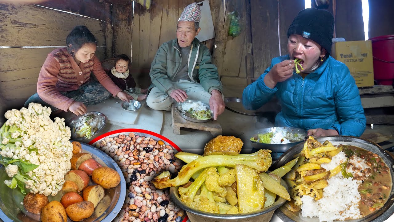 Mix Vegetable Recipe || Cauliflower, Potato and Beans Lentils cooking & eating in Village Kitchen