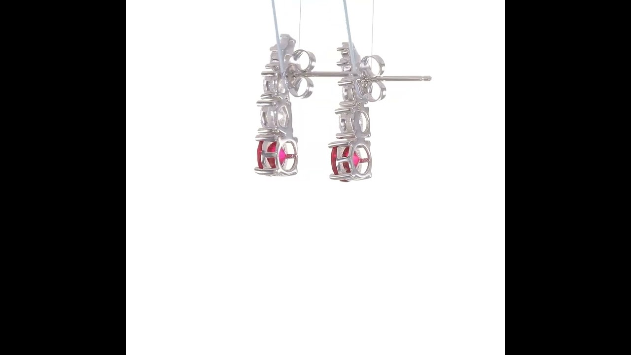 Sterling Silver Rhodium-plated Created Ruby and CZ Post Dangle Earrings