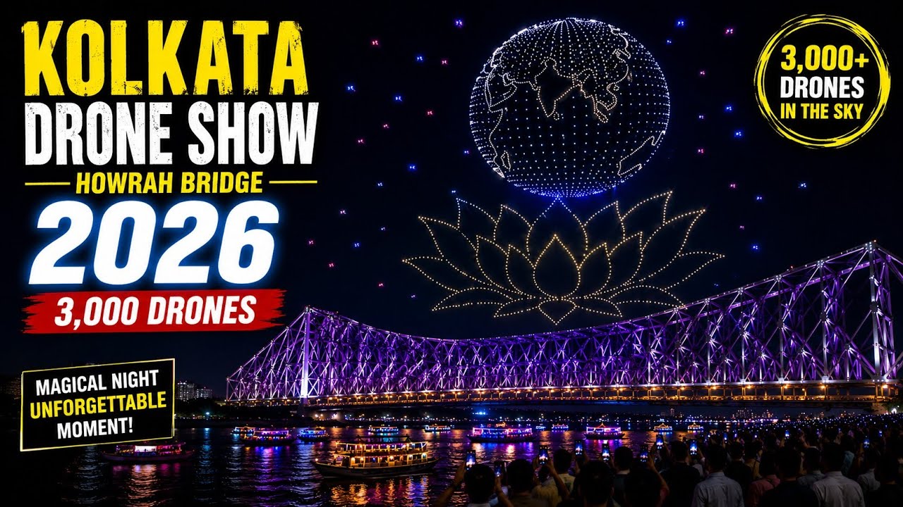 🚁 Kolkata Mega Drone Show 2026 😍 | 3,000 Drones Light Up The Sky | Howrah Bridge Night View