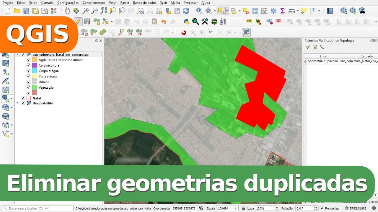 Eliminar geometrias duplicadas com verificador de topologia e mesclar feições no QGIS