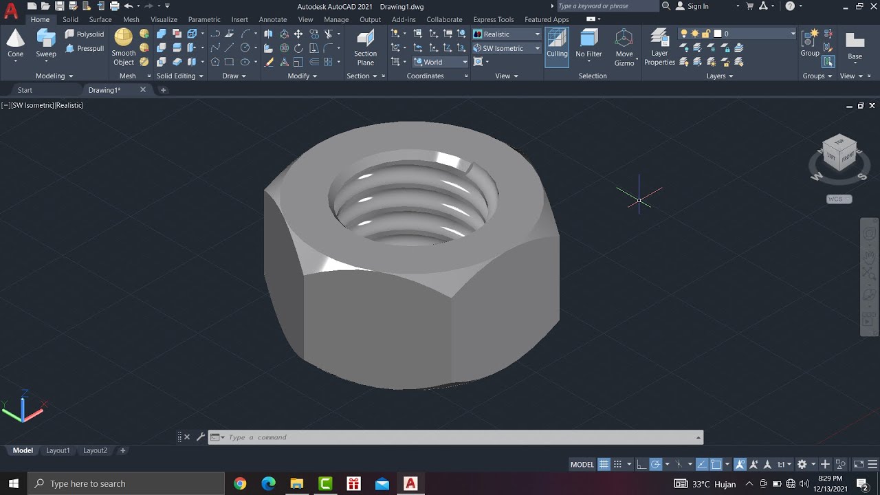 cara membuat baut 3d di Autocad