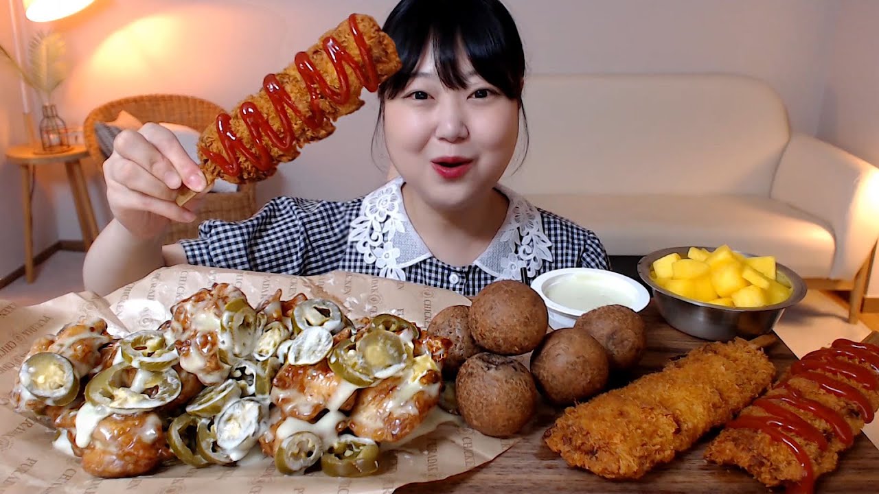 푸라닭 고추마요치킨 블랙 치즈볼 새우튀김꼬치 Jalapenos mayonnaise chicken cheese balls Fried shrimp Mukbang Eatingsound