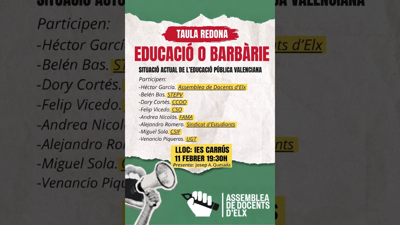 Educació o barbàrie. Acte de l'Assemblea de Docents d'Elx  (ADE)