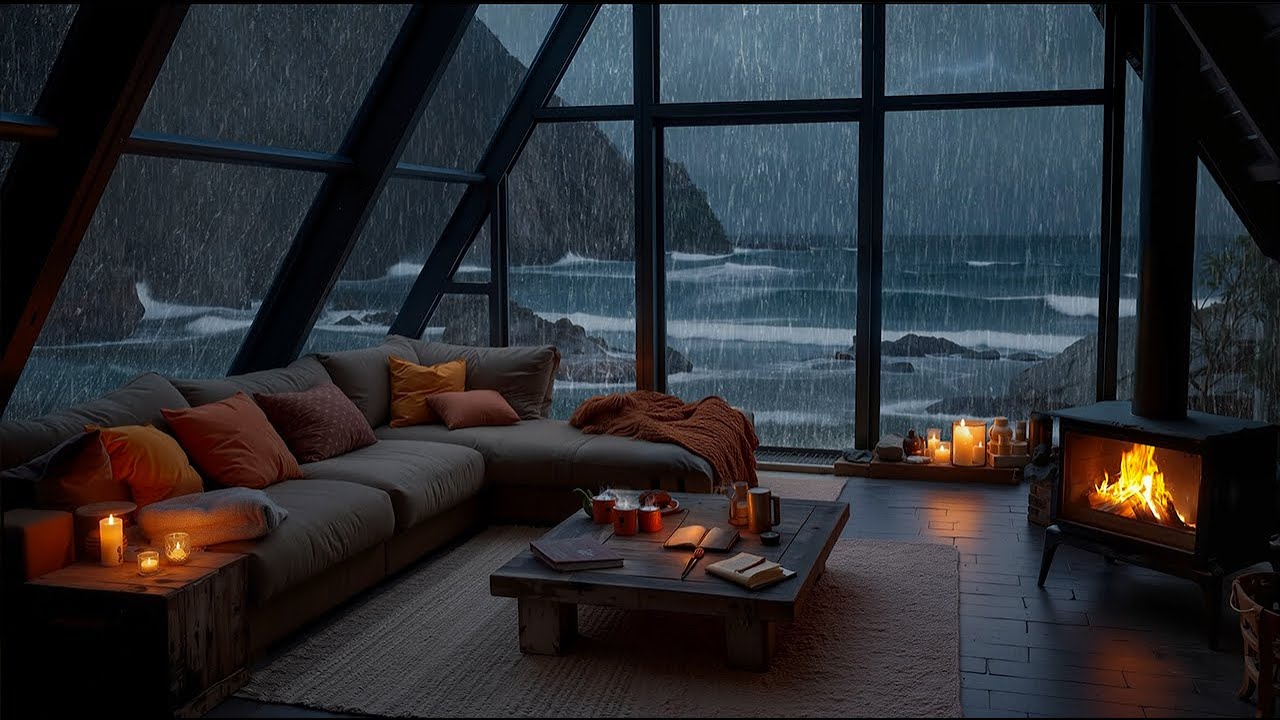 Huge Rain & Big Ocean Waves with Fire Hearth Cabin 🌧️ Lightning Ocean Thunderstorm for Sleep, Relax