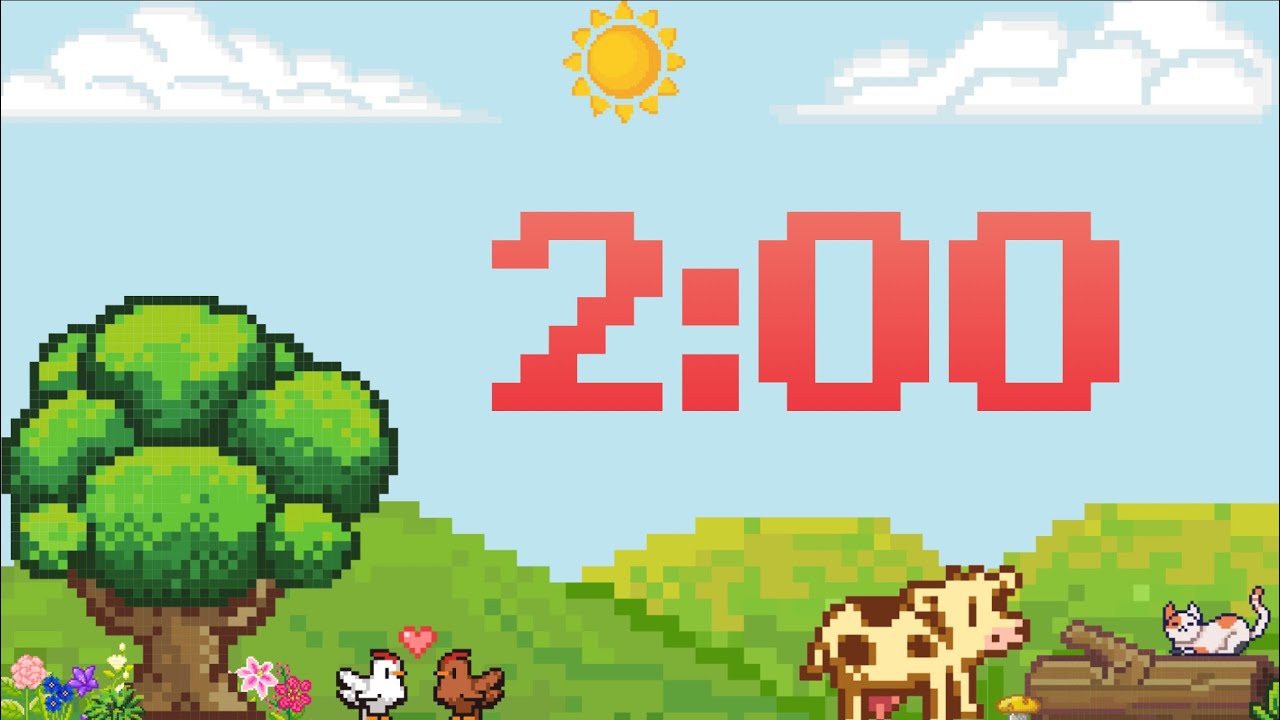2 Minute Pixel Farm Timer with Relaxing Electronic Music (Synth Bell Alarm at End)