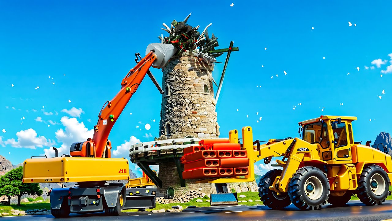 Construction Works: Epic Windmill Demolition with Excavator & Loader! ⚡