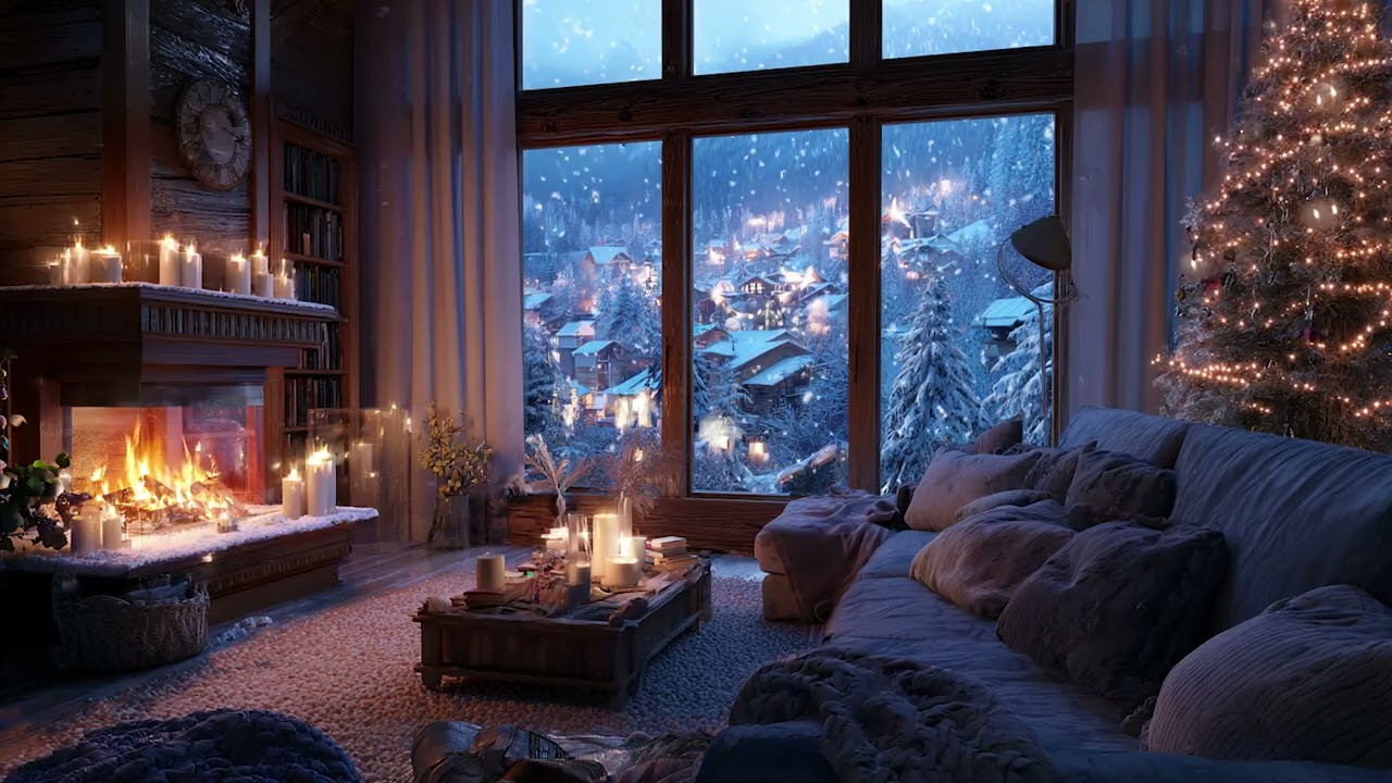 Winter Cabin Night Relaxing Piano | Soft Snow and Warm Fireplace