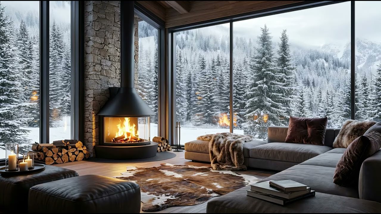 Calm Music smooth jazz , 2 hour Fireplace & Winter Forest