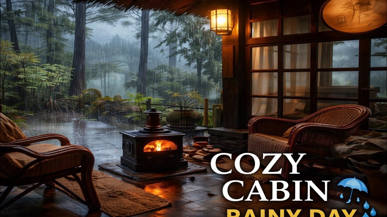 Rainy Day Inside Cozy Cabin ☔ Fireplace Ambience with Piano | Relaxing Rain Sounds for Sleep