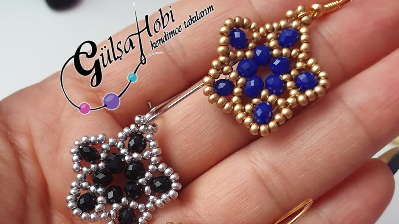 Kum ve kristal boncuktan harika bir yıldız (çiçek) küpe yapılışı.kolay ve şık bir model